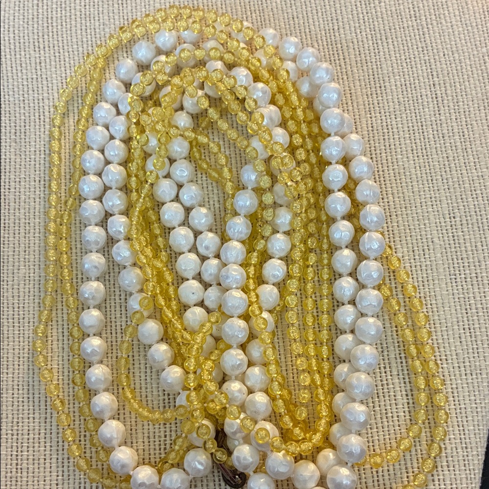 Vintage Yellow and White Beaded 49” long Necklace